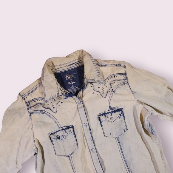 Rock 47 Wrangler Cream Denim Embroidered Rhinestone Rustic Snap Western Size L - Picture 3 of 10